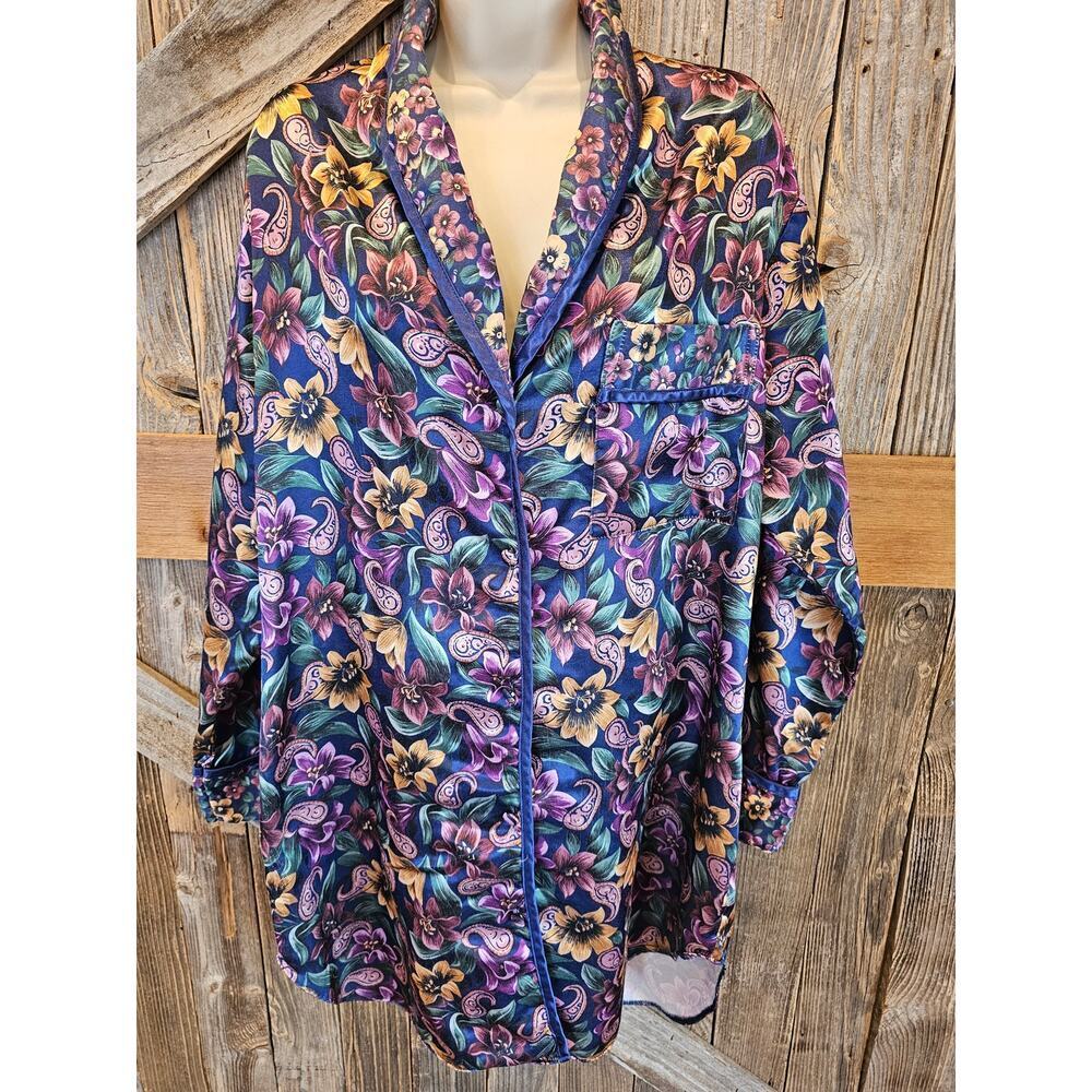 Vintage private luxuries size large silky floral long sleeve lounge sleep top ^